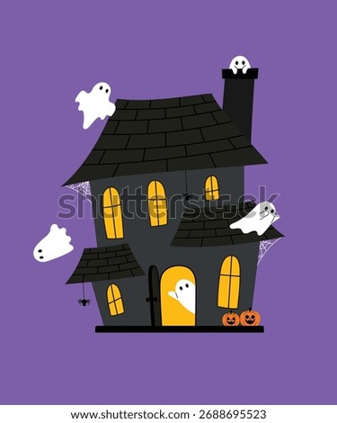 Weird Haunted House with Ghosts and Pumpkins, Oddly-Shaped House with Cute White Ghost, Old Distorted House with Opened Door Decorate with Spider and Cobwebs illustration