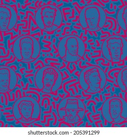Weird high color contrast seamless abstract pattern with different drawn portraits