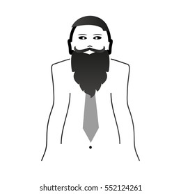 weird hipster head and body with big beard and mustache and tie black icon eps10