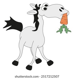 Weird horse with carrot isolated transparent background.  Trippy flat style horse. Vector illustration can used t-shirt print, clothes fabric decor. EPS 10