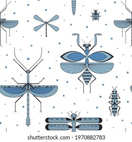 Weird insect silhouettes on white seamless pattern. Praying mantis, stick insect, dragonfly, bee and ladybug repeating background with winged bugs and beetles for prints, textiles and fabric.