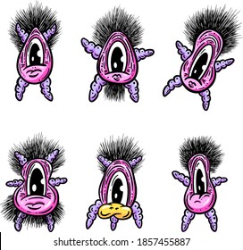 Weird Little Hairy Ball Germ Characters Aliens Cartoon Vector Illustrations