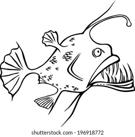 Weird looking deep water ocean fish, black and white illustration