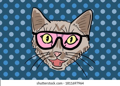 Weird meowing space cat in pink sunglasses vector illustration. Hand-drawn cat portrait.