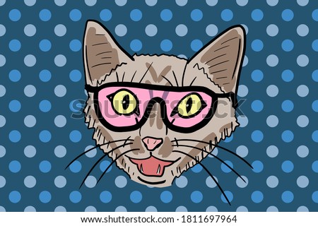 Weird meowing space cat in pink sunglasses vector illustration. Hand-drawn cat portrait.