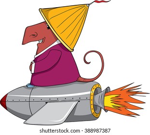 Weird monkey-like creature enjoying riding a rocket