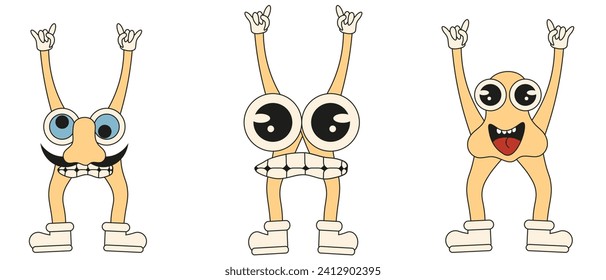 Weird monster Character in trendy Rubber Hose style. Mascot nose, eyes and moustache isolated on white background. Set Groovy Characters can used poster, card and web print. Vector illustration EPS 10