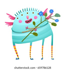 Weird monster holding flowers happy congratulating. Fun creature with bunch of flowers for kids. Vector cartoon. 