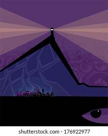 Weird mystical purple landscape, with a mountain and a lighthouse, vector illustration