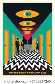 Weird people movie poster template. Mystery, minimalistic, geometric poster design. 80s, 90s, spooky, weird, retro illustration. Strange people in hotel hallway. Weird, abstract, sci fi, futuristic.