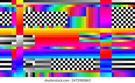 Efecto de destello de píxeles raros Fondo Abstractas. Rayas brillantes y pantalla de televisión de píxeles aleatorios. Efecto de fallo distorsionado. NO HAY SEÑAL Vector del marco de TV.