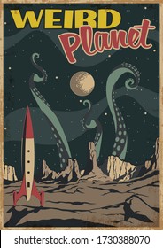 Weird Planet Mid Century Modern Retro Future Illustration,  Sci Fi Comic Book Cover Stylization, Space Rocket, Unknown Planet's Landscape, Monster