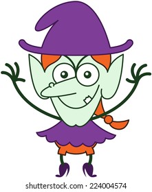 Weird red-haired witch with purple clothes and hat, big nose, pointy ears and green skin while frowning, smiling and raising her arms in a very mischievous mood