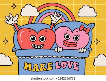 Weird retro card template on Valentine's Day with a sweet couple of heart characters in bed. Happy Valentines day banner with text - Make love. Line art vector illustration in trendy y2k style.