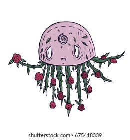 Weird sad jellyfish with flowers and roses. Sad cartoon character isolated in white. Vector illustration.