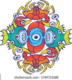 Weird sea creatures such as crabs, fish and octopuses with bulging eyes and sharp teeth aligning in a symmetrical pattern design. They form a colorful decorative motif in a playful doodle art style