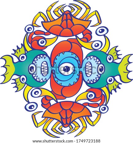 Weird sea creatures such as crabs, fish and octopuses with bulging eyes and sharp teeth aligning in a symmetrical pattern design. They form a colorful decorative motif in a playful doodle art style