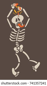 Weird skeleton boring a hole in its own skull with a hand drill. The skeleton is showing signals of pain such as clenching its eyes, sticking its tongue out and twisting its legs