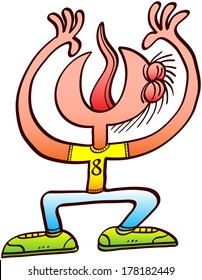 Weird skinny student in a disturbing attitude while clenching his eyes, raising his arms and head and protesting by sticking his tongue out and shouting loudly