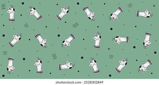 Weird sock toy seamless pattern isolated pastel color background. Funny trippy vector ornament can used children's wall decor, textile fabric print. EPS 10