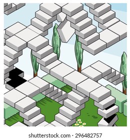 Weird staircase going up and down above the ground (isometric illustration)