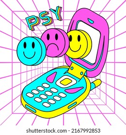 Weird sticker in acid trippy style. Old electronic device with abstract psychedelic elements. Pop 90s style. Editable fluorescent y2k print for tee, streetwear.