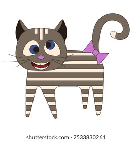 Weird striped cat with pink bow isolated white background. Trippy crazy cat. Vector kitty template design. EPS 10