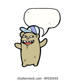 weird teddy bear in cap with speech bubble