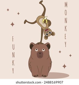 Weird trippy Monkey design. Cute animal art with Capybara and marmoset. Animals equilibrist in trendy brown pastel colors. Vector illustration can used postcard, poster cover, t-shirt print.