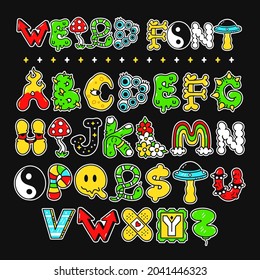 Weird trippy psychedelic style font,letters,abc.Vector hand drawn doodle cartoon character illustration.Psychedelic,funny cool trippy letters,crazy alphabet,acid font print for t-shirt,poster concept