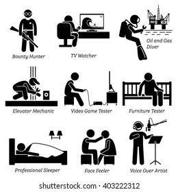 Weird Unusual Odd Job - Bounty Hunter, TV Watcher, Oil and Gas Diver, Elevator Mechanic, Video Game Tester, Furniture Testing, Sleeper, Face Feeler, Voice Over Artist - Stick Figure Pictogram Icons