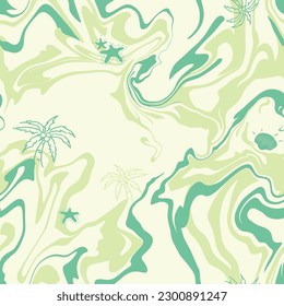 Weird Wavy Abstract Line Green-Lemon Color With Summer Tropical Motif Palm, Starfish, Shell illustration Vector Seamless Pattern On Light Yellow Background Wallpaper