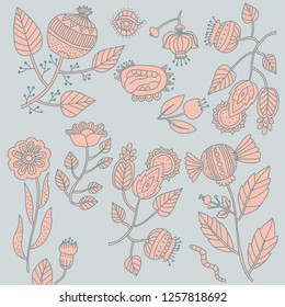 Weird, whimsical doodle flowers on blue background, kids style / vector illustration