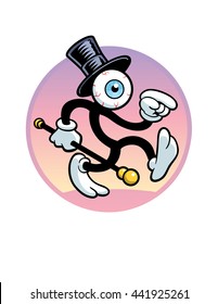A weird-looking eyeball guy, wearing a top hat and carrying a cane