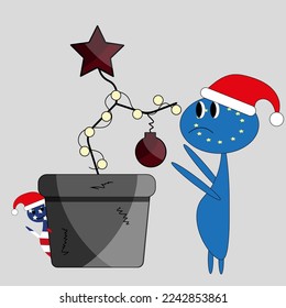 A weirdo EU flag in a Santa Claus hat near a pot with a bare branch decorated with a Christmas ball and a star and a little america man peeking out from behind the pot. A sad Christmas. 