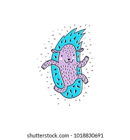 Weirdo hedgehog. Cute fun cartoon character. Vector illustration. Urchin. Purple porcupine.