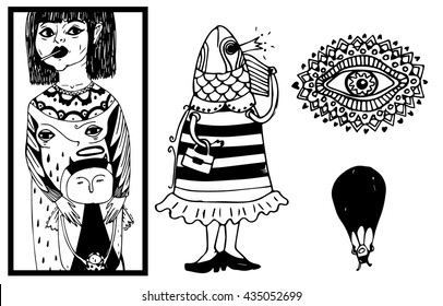 Weirdos random illustrations: girl with little devil, boho doodle mhendi eye, parachutist and a fish woman