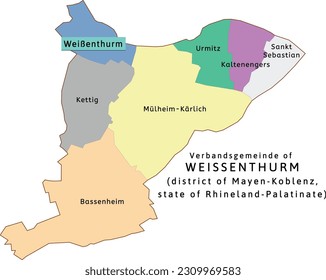 Weissenthurm verbandsgemeinde map of Mayen-Koblenz district Rhineland-Palatinate state in Germany. Vectored. Colors shamrock, concrete, polo blue, drover, orchid, silver, caramel