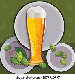 Weizen Beer Glass, three plates and hops. Digital illustration