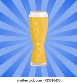 Weizen glass of beer isolated on abstract background with rays vector. Glassware of light alcohol drink with bubbles, symbol of Oktoberfest festival