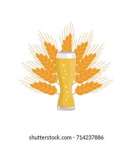 Weizen glass of beer on background of ears of wheat vector illustration. Glassware of light alcohol drink with bubbles, symbol of Oktoberfest festival