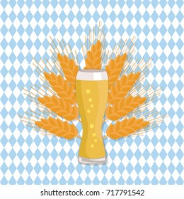 Weizen glass of beer vector illustration on checkered backdrop with ears of wheat. Glassware of light alcohol drink with bubbles, symbol of Oktoberfest