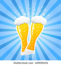 Weizen - mugs of beer on blue retro background. Vector illustration.