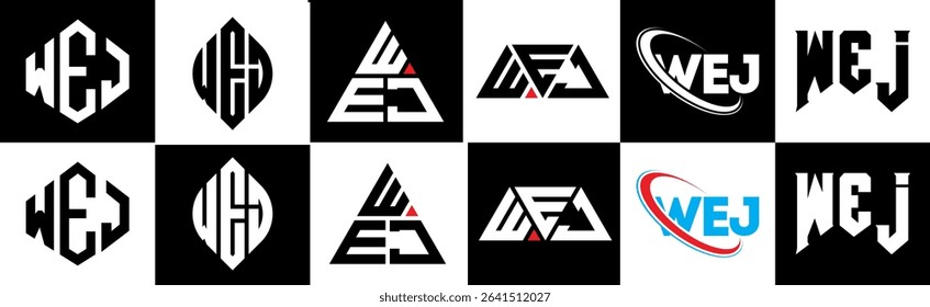 WEJ letter logo design in six style. WEJ polygon, circle, triangle, hexagon, flat and simple style with black and white color variation letter logo set in one artboard. WEJ minimalist and classic logo