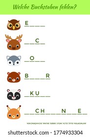 Welche Buchstaben fehlen? - What letters are missing? Complete the words. Matching educational game for children with cute animals. Educational activity page for study German. Vector illustration.