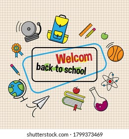 Welcom back to school theme. Sample with color icon set school flat icons on paper background. Vector, EPS.