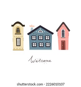 welcom. cartoon house, hand drawing lettering, decor elements. colorful illustration for kids, flat style. baby design for cards, t-shirt print, posters, logo, cover