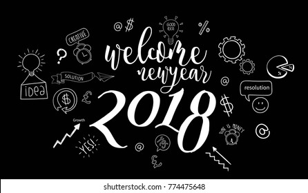 Welcome 2018 doodle on black background