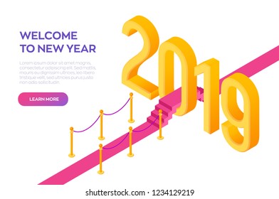Welcome 2019 Isometric Creative numbers. Red carpet to the 2019 New Year. Path to New Year. Creative design for your greetings card, flyers, posters, brochure and banner. Vector Illustration.