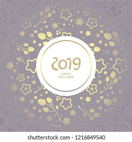 "Welcome 2019" lettering on elegant seamless background. Template for New Year greeting card, holiday decoration and calendar cover.